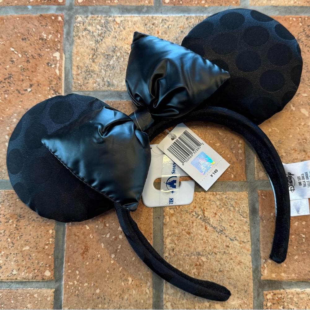 NWT Shanghai Disney Black Satin Polka Dot Minnie Mouse Ears Pleather Bow